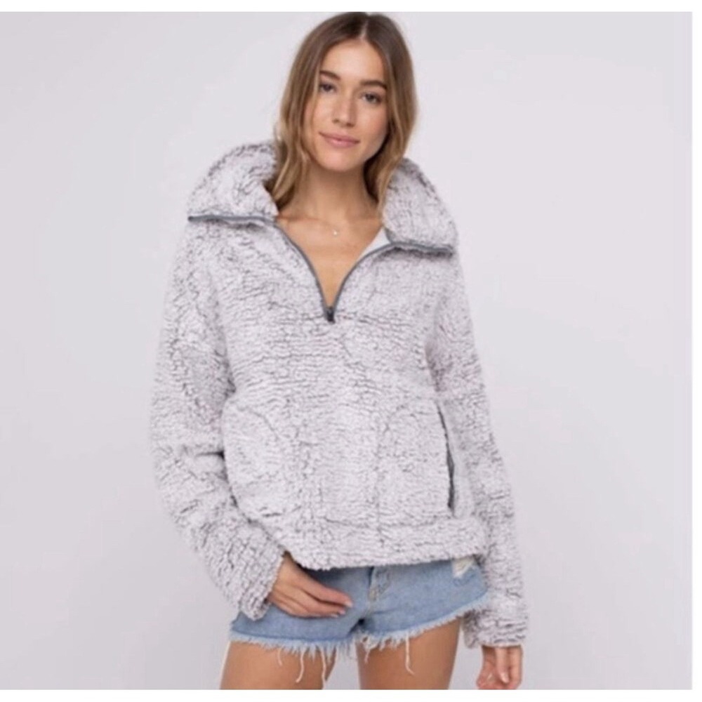 Thread + Supply Lazy Sunday Wubby Sherpa Fleece Pullover Gray 1/4 Zip Jacket S